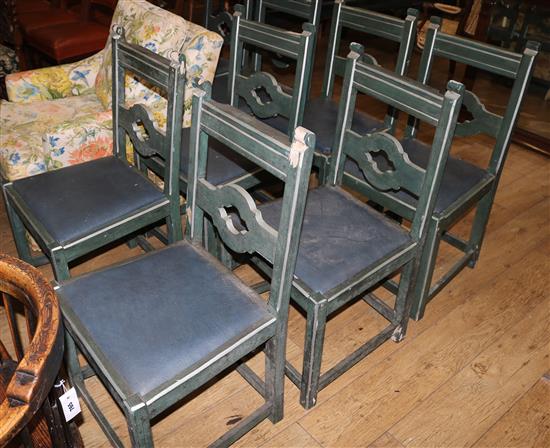 A set of eight green painted harwood dining chairs, with drop in seats